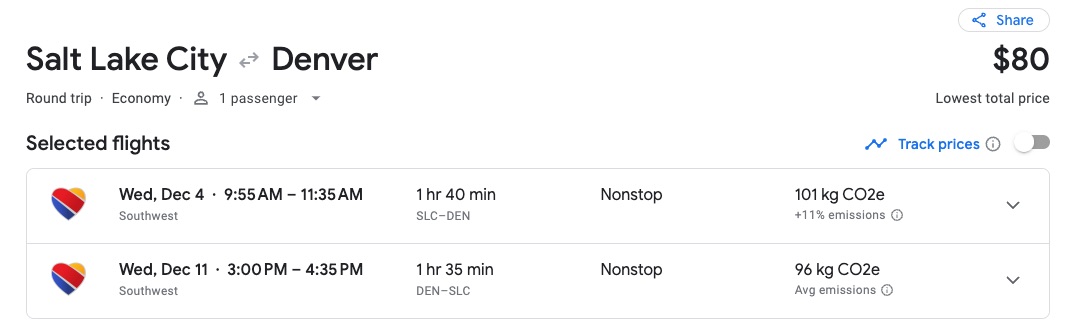 SLC-DEN Google Flights Southwest