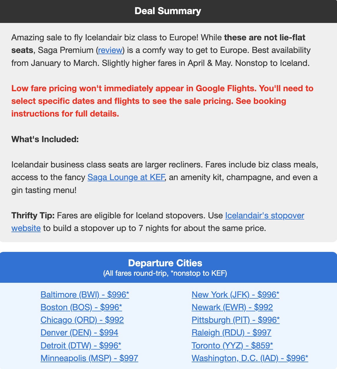 Icelandair Saga business class flight deal information and fares