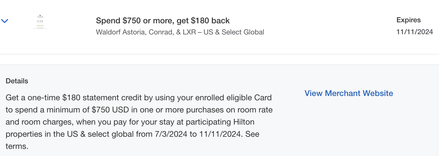 Amex Waldorf, Conrad, LXR Offer: Spend $750, get $180 back