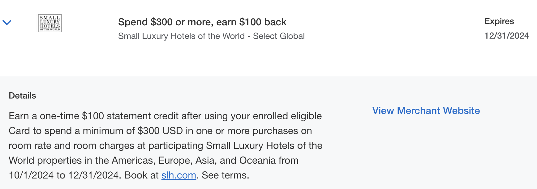 Amex SLH Offer: Spend $300, get $100 back