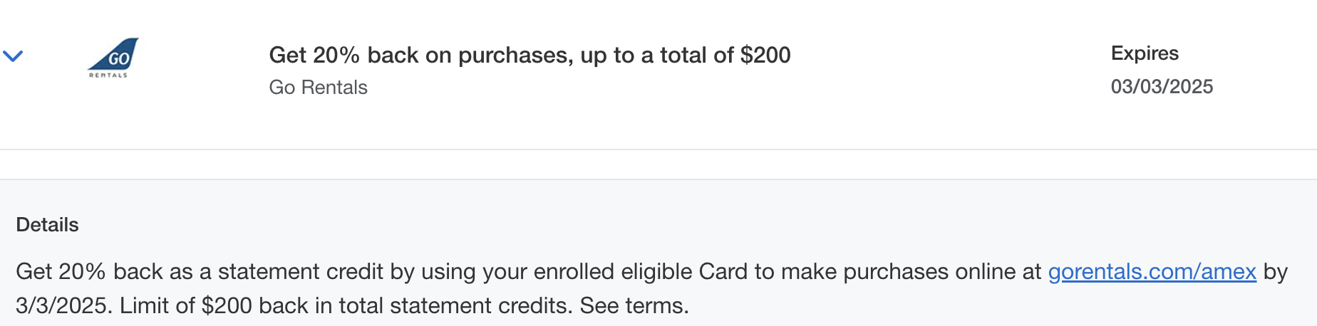 Amex Go Rentals Offer: Save 20% up to $200