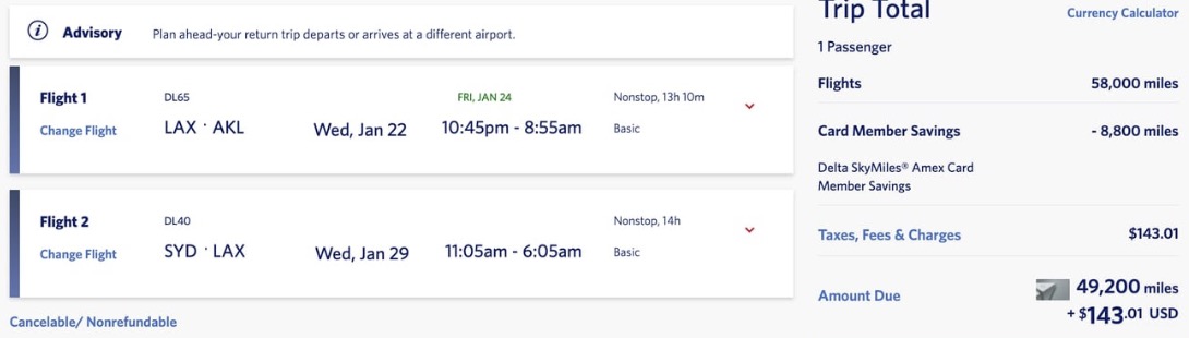 Delta SkyMiles airfare to Auckland, NZ