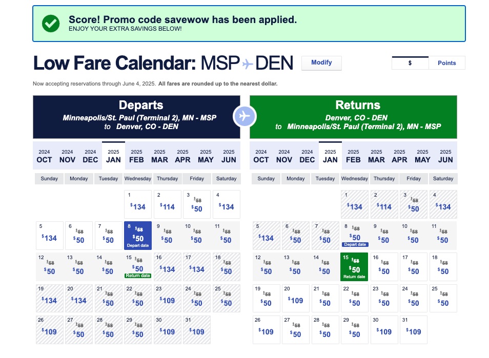 Southwest Sale MSP-DEN low fare calendar