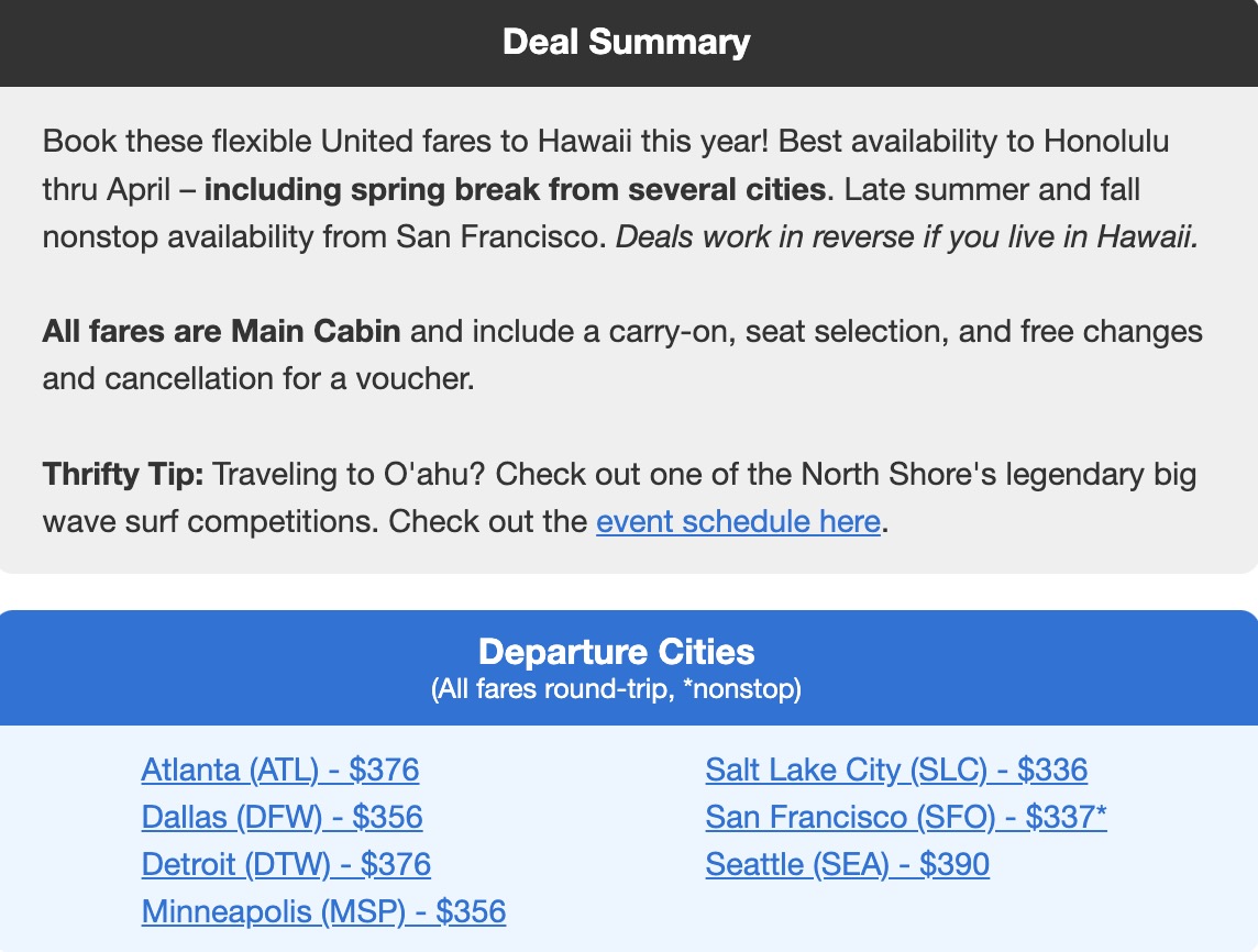 deal summary for a flight deal to Hawaii on United Airlines and a list of departure cities with roundtrip airfare in the 300s
