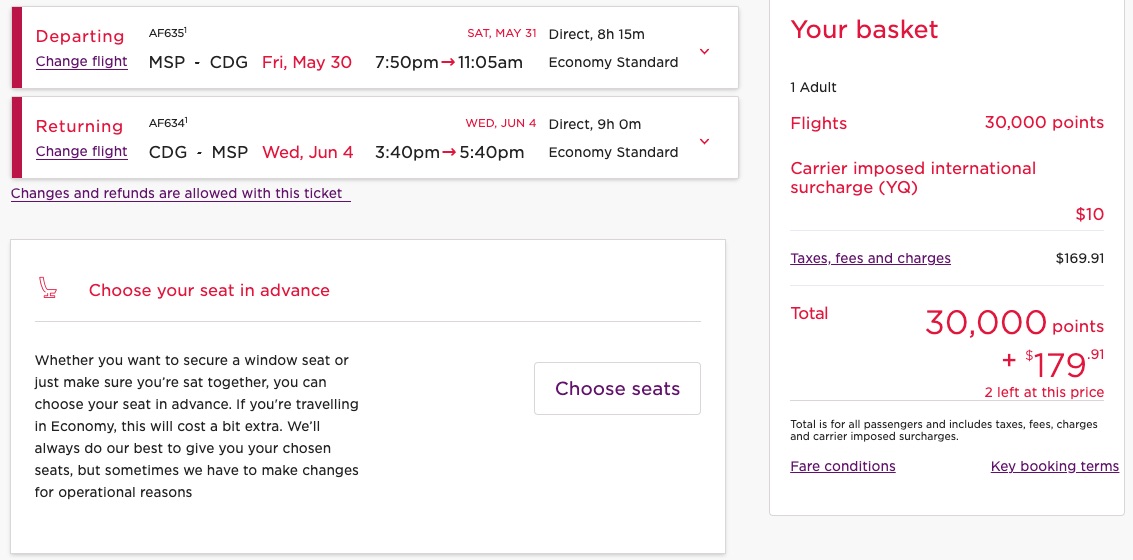 Virgin Atlantic award booking from Minneapolis to Paris for 30,000 points