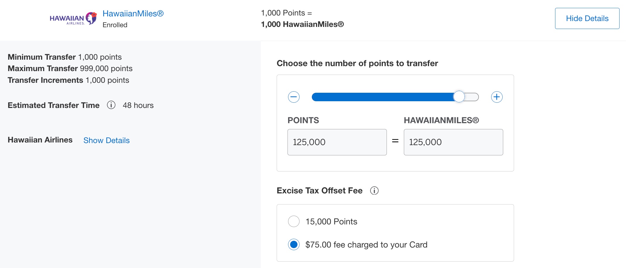 amex transfer fee for hawaiian