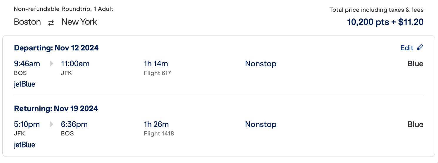 boston to jfk roundtrip with jetblue