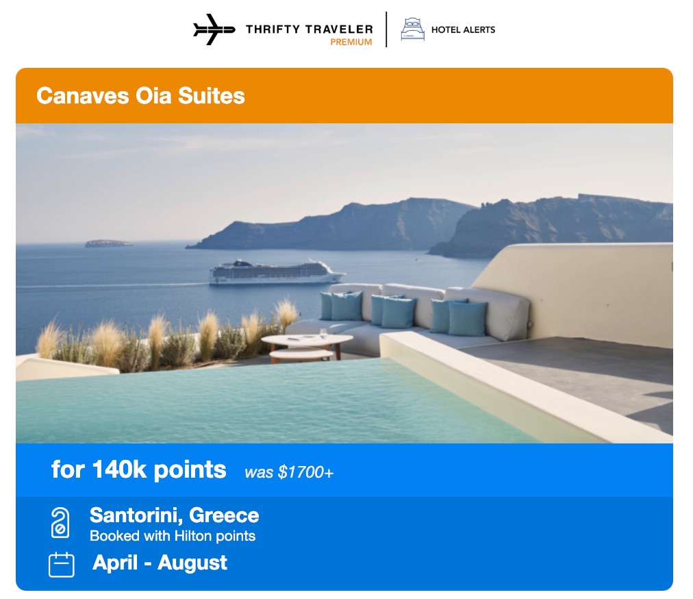 an alert for canaves oia suites in greece with a photo of the mediterranean