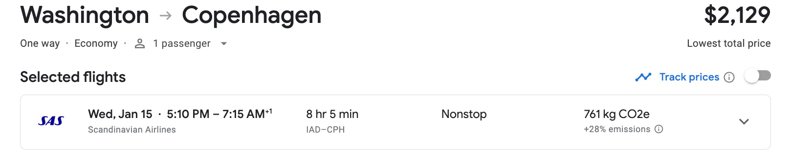 google flights screenshot of a flight from DC to Copenhagen