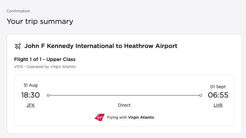 confirmation page for an airline ticket