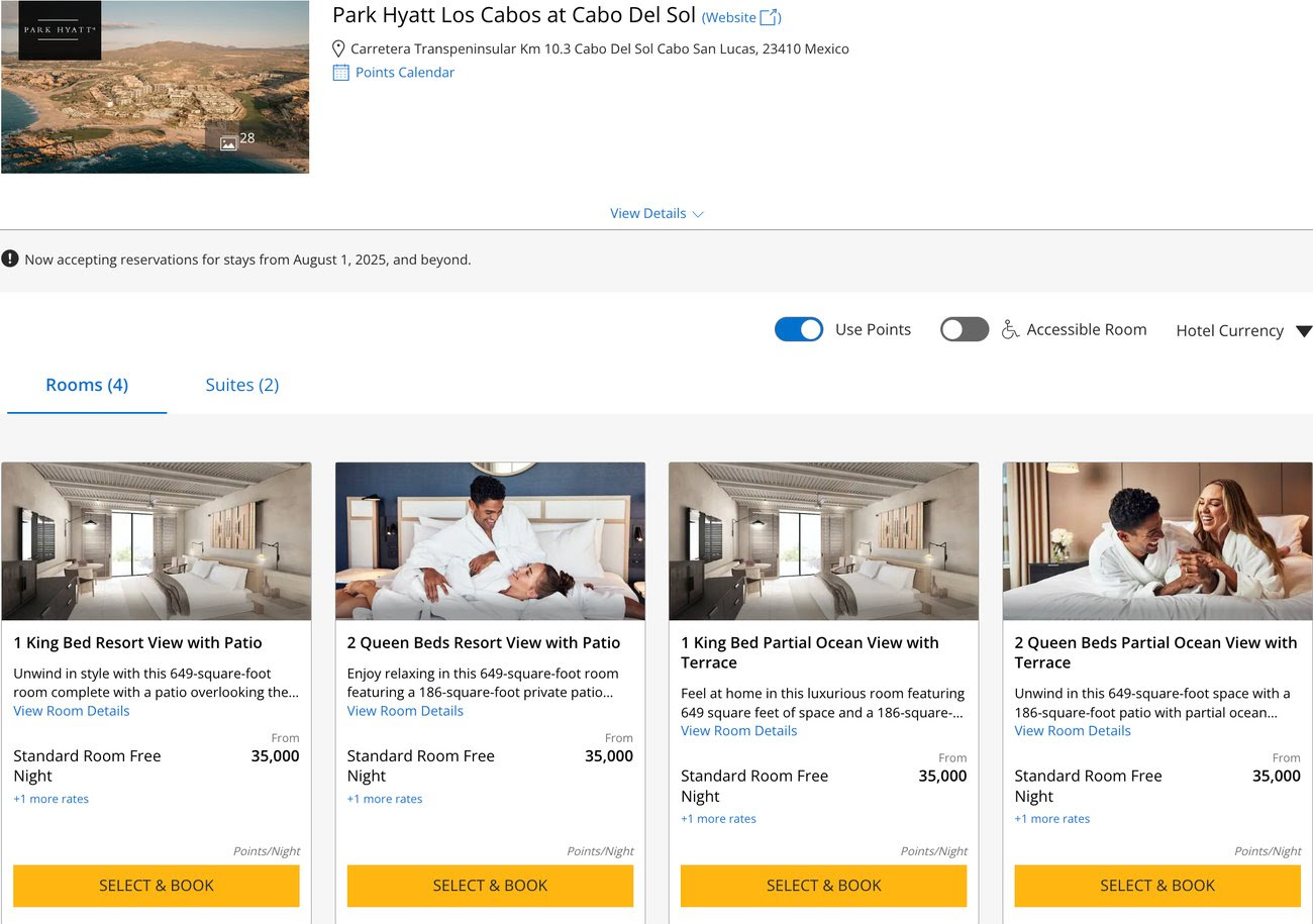 room rates for a night at Park Hyatt Los Cabos