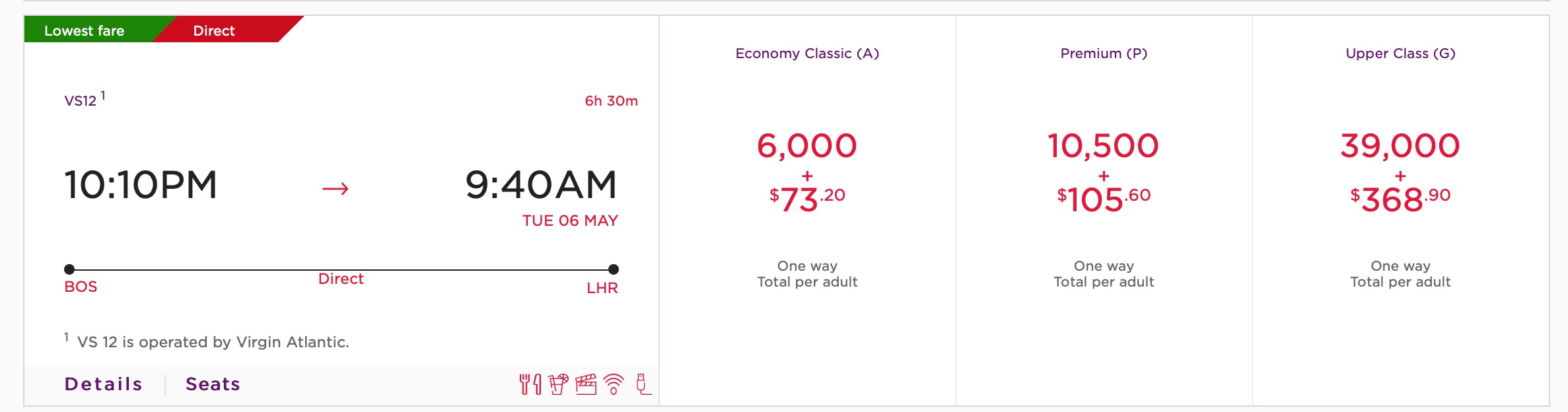 virgin economy and premium economy redemption