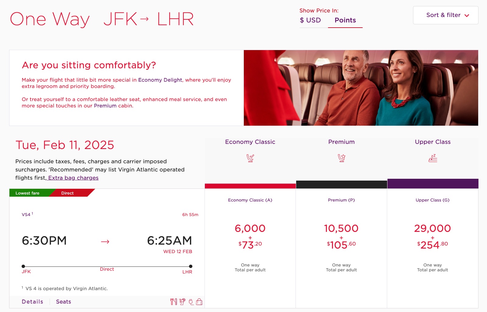 a screenshot of virgin atlantic award rates