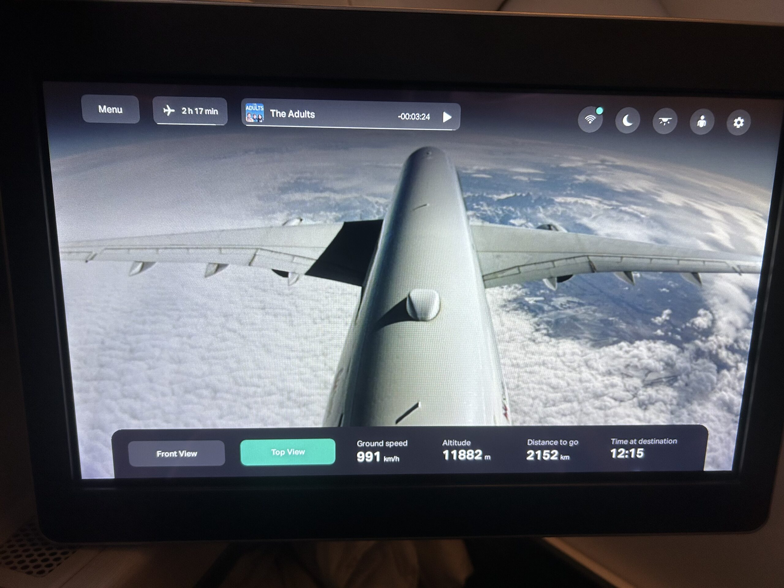 A screen showing cameras on the airplane. 