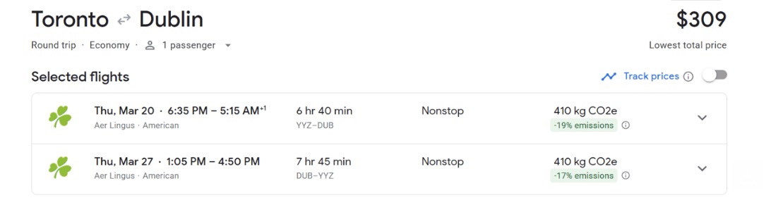 Aer Lingus airfare for $308 roundtrip from Toronto to Dublin. 