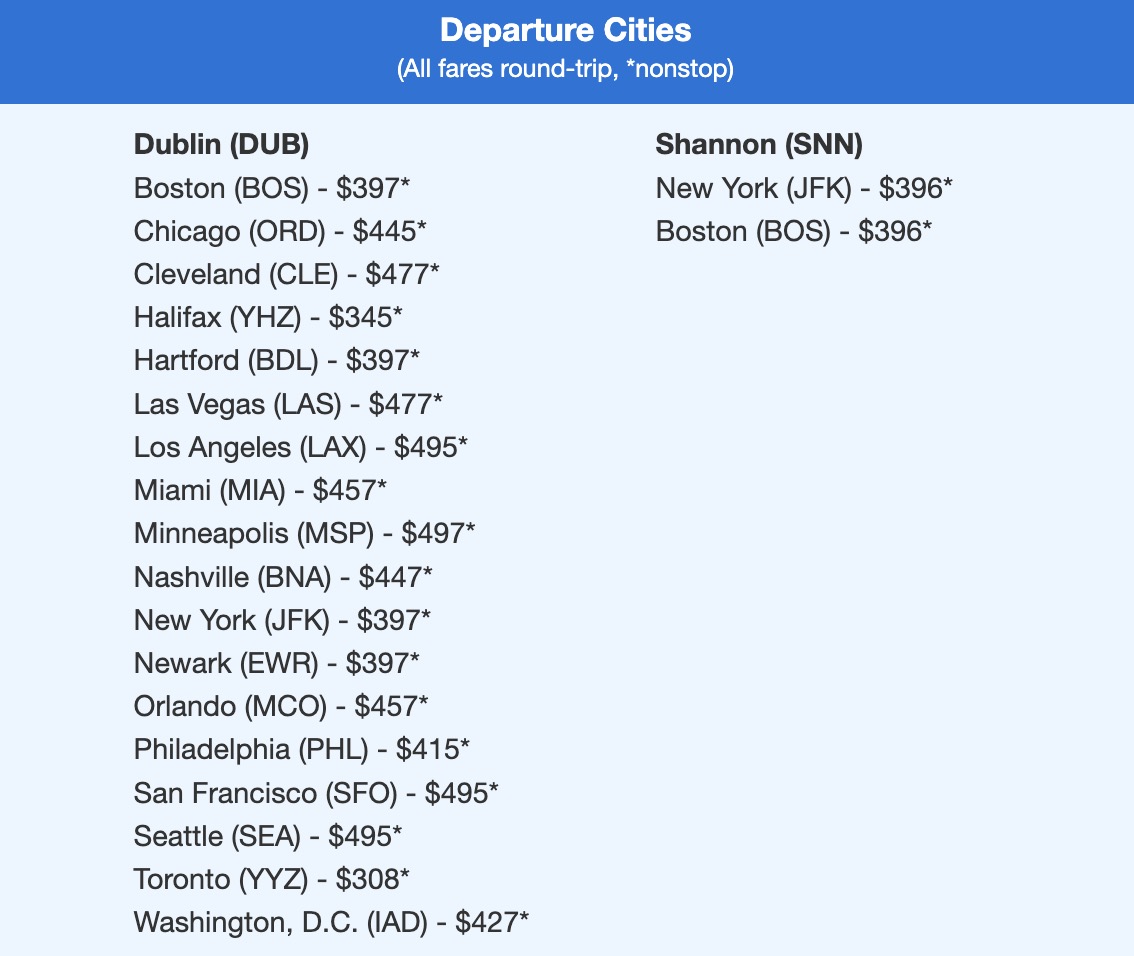 Aer Lingus flight deal in the $300s and $400s roundtrip. 