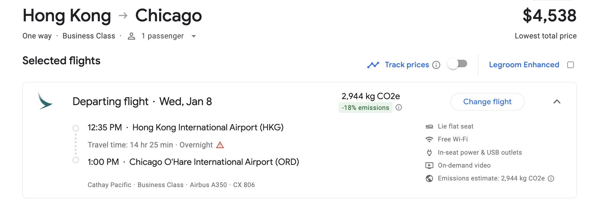 A one-way business class flight from Hong Kong to Chicago for one passenger on Wednesday, January 8th for $4,538. 
