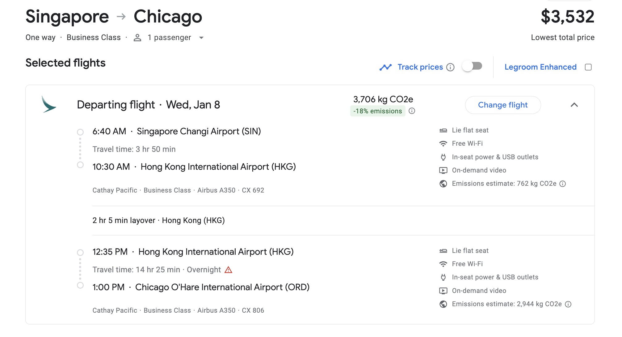 Singapore to Chicago one-way business class flight for one passenger departing Wednesday, January 8th for $3,532