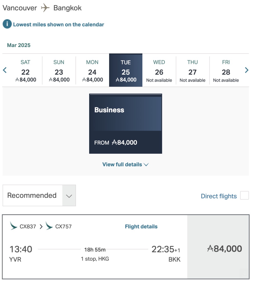 Vancouver to Bangkok business class flight for 84,000 miles