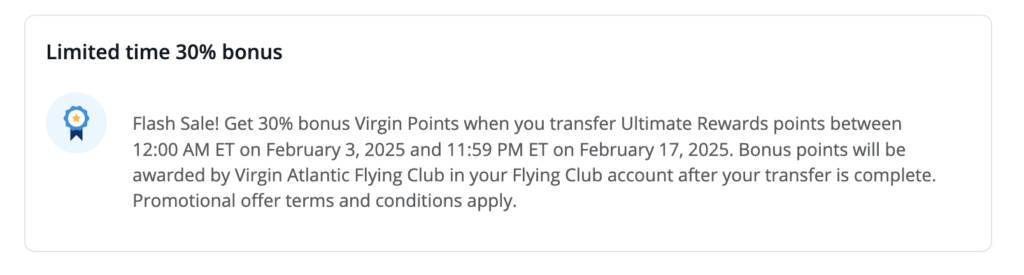 a message of a 30% transfer bonus sending Chase points to virgin.