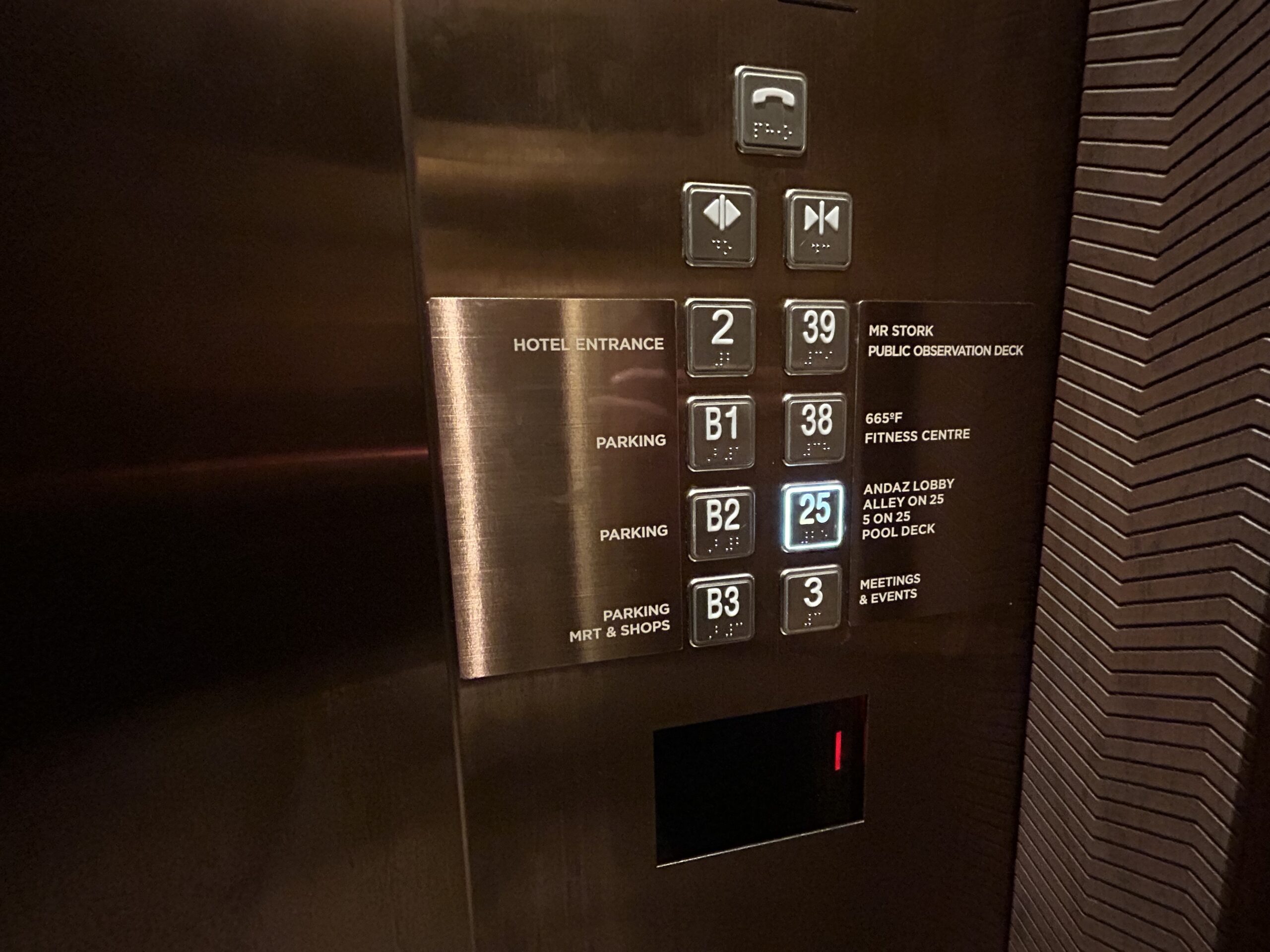 Elevator directory with buttons for the hotel entrance, parking, fitness center, and more. 