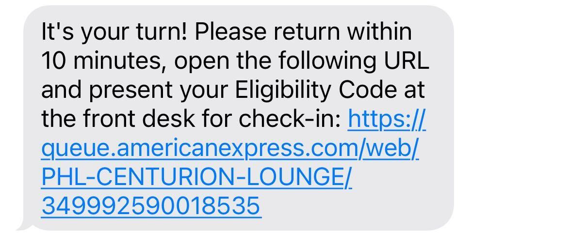 Centurion Lounge waitlist text message notification