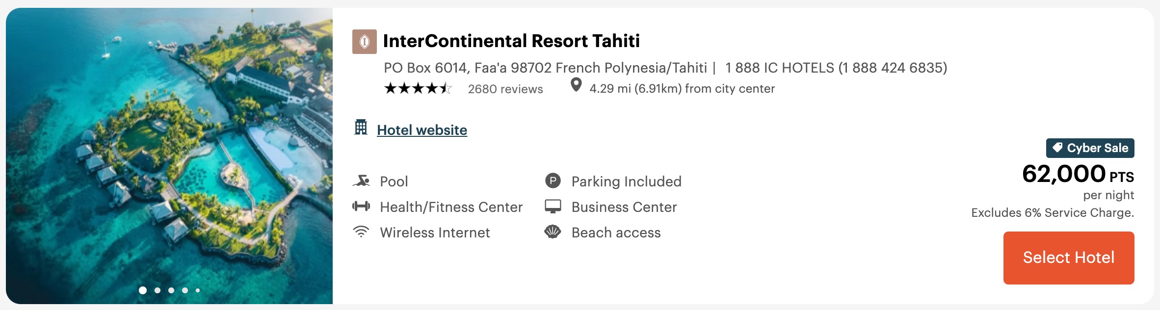 Inetcontinental Tahiti cyber sale 62,000 points per night