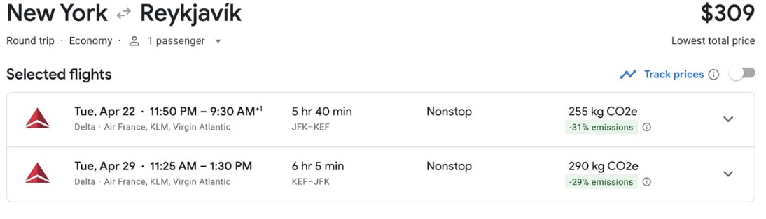 New York to Reykjavik Delta fare for $308. 