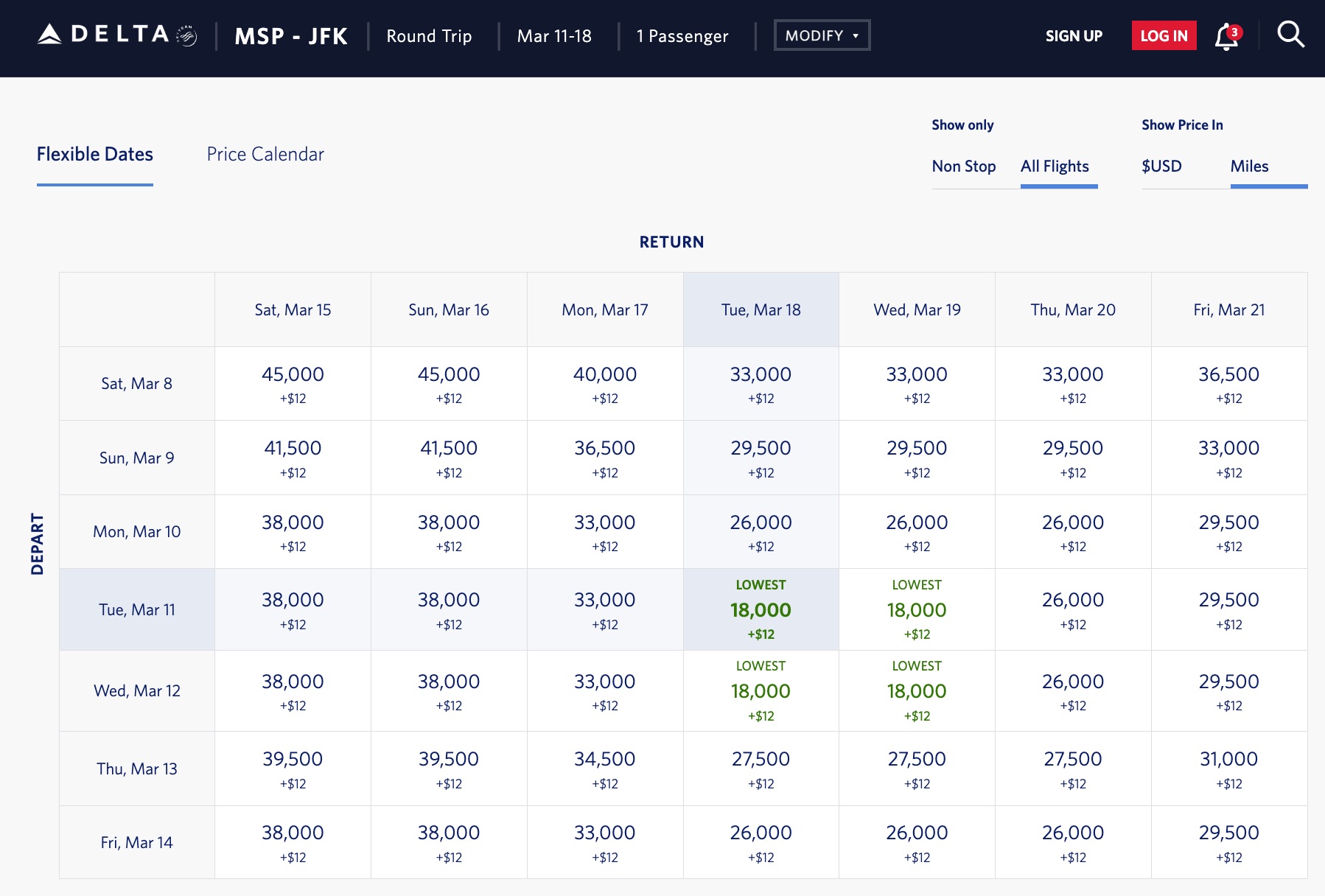 Delta SkyMiles rates for flights from Minneapolis to New York City
