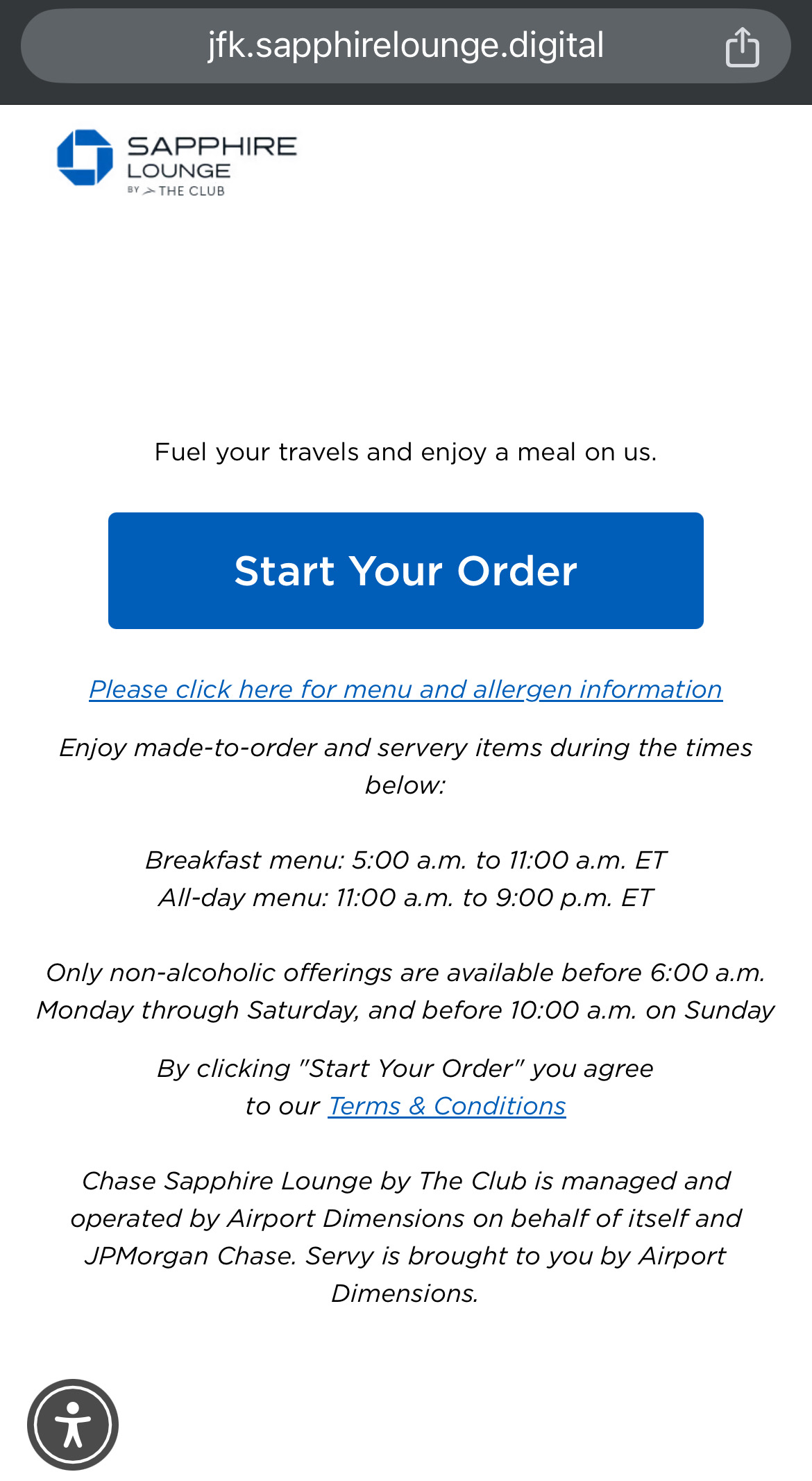 Screenshot of ordering food at a Sapphire Lounge location.