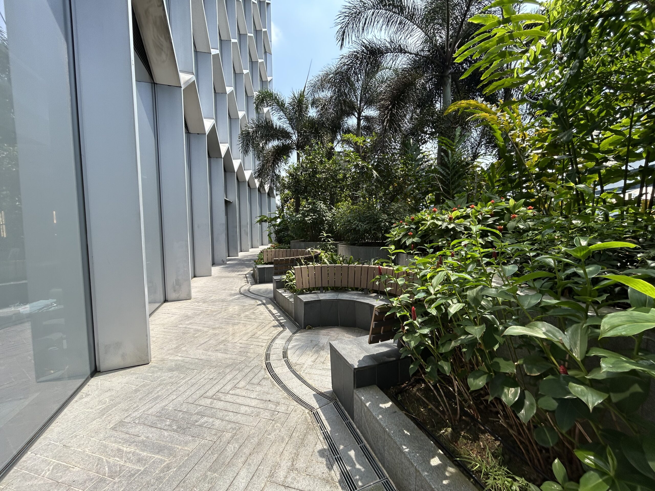 Lush pool deck at a hotel