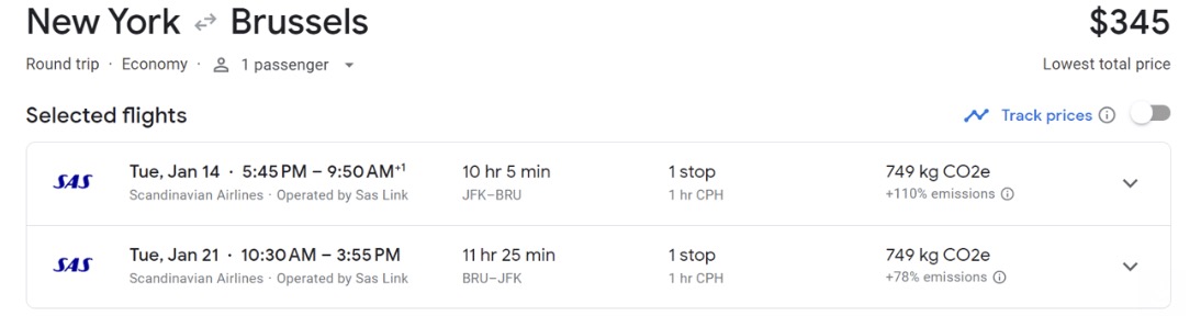 Google flights airfare example of an itinerary between New York and Brussels for $345. 