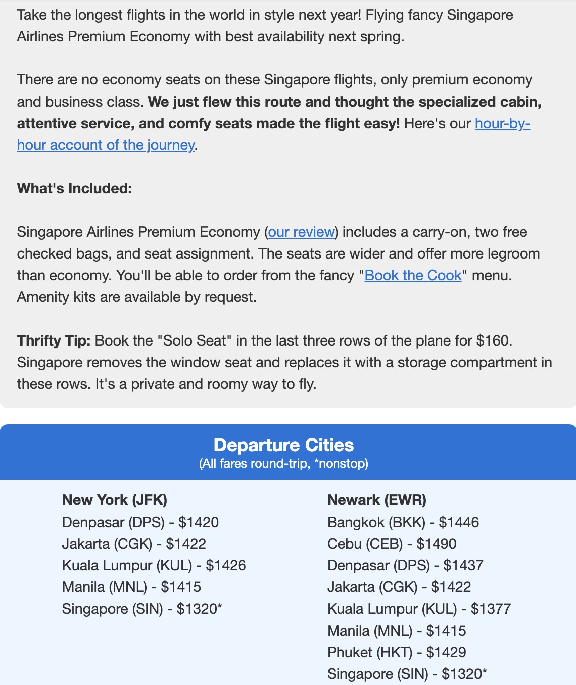 Singapore premium economy deal information and airfare from new york and newark airports to southeast asia 