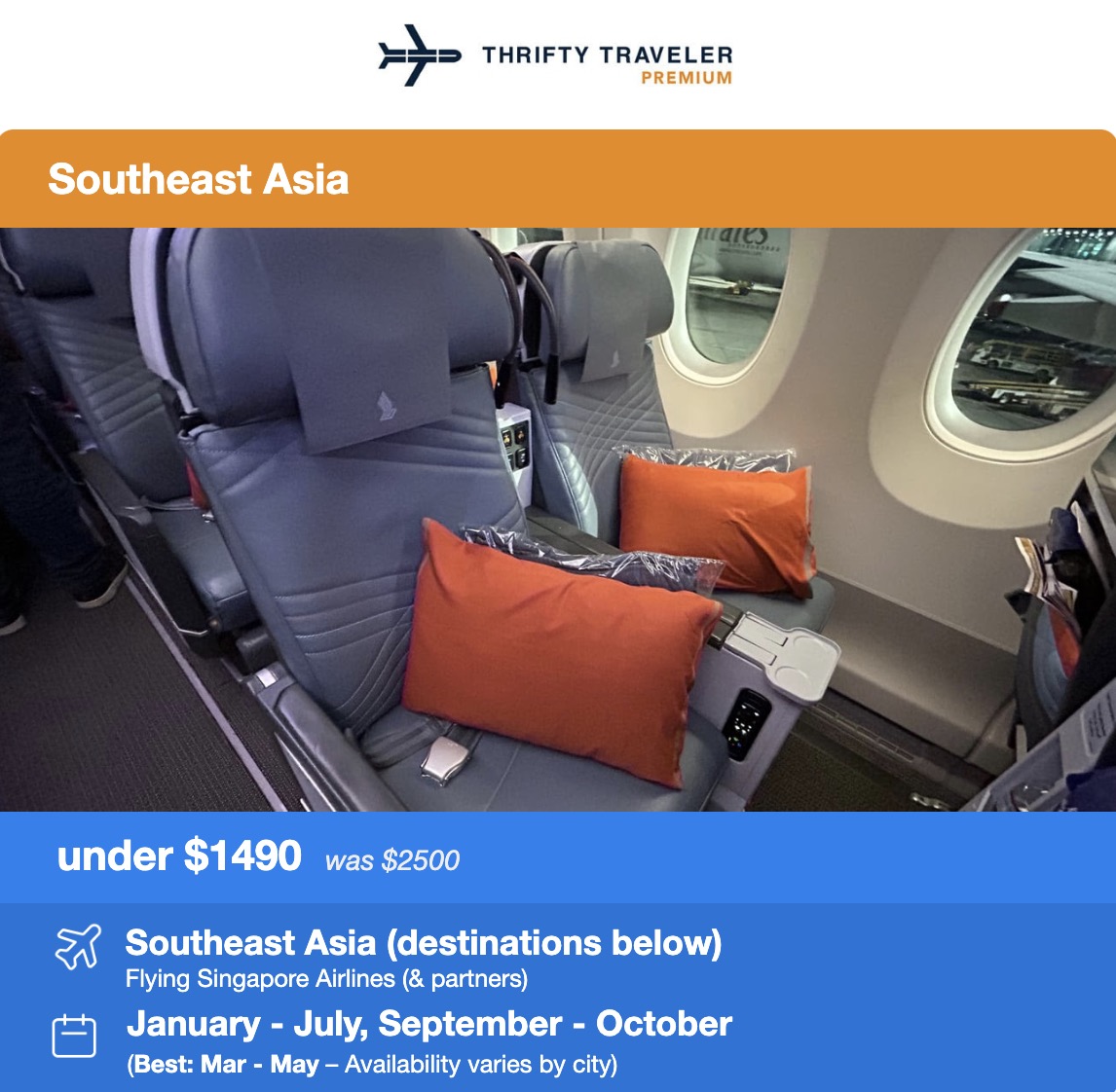 Thrifty Traveler Premium flight deal to Southeast Asia under $1,490 from January through July and September through October