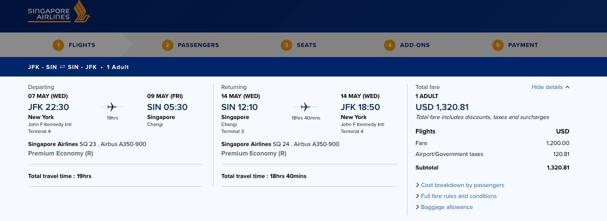 Singapore Airlines airfare