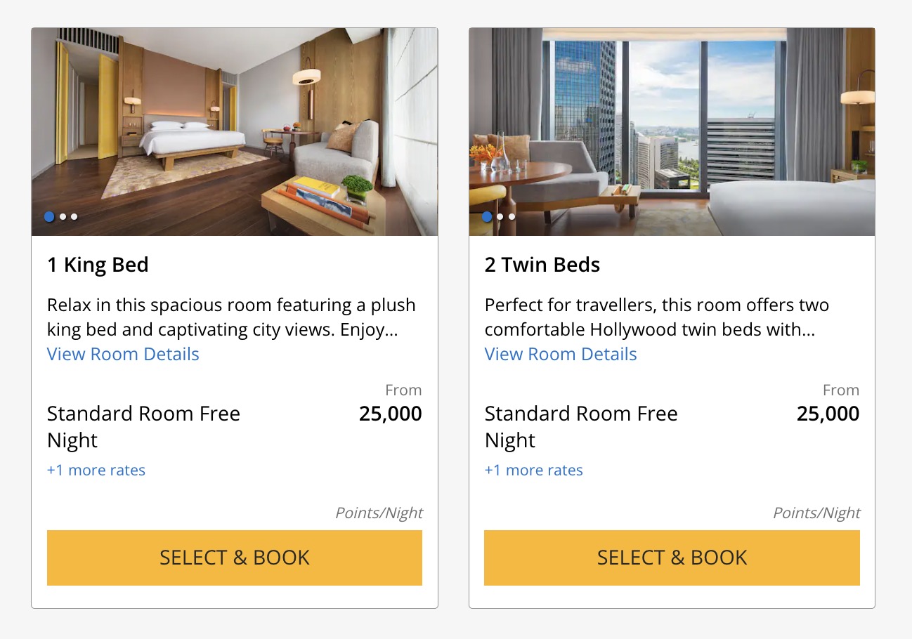 Room rates at the Andaz Singapore. 1 king bed from 25,000 points per night. 2 twin beds for 25,000 points per night. 