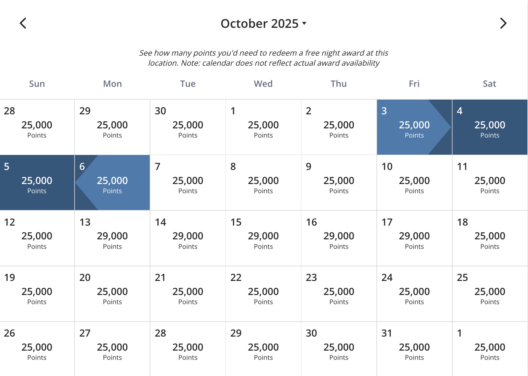Andaz Singapore award calendar showing rates for a stay in October 2025