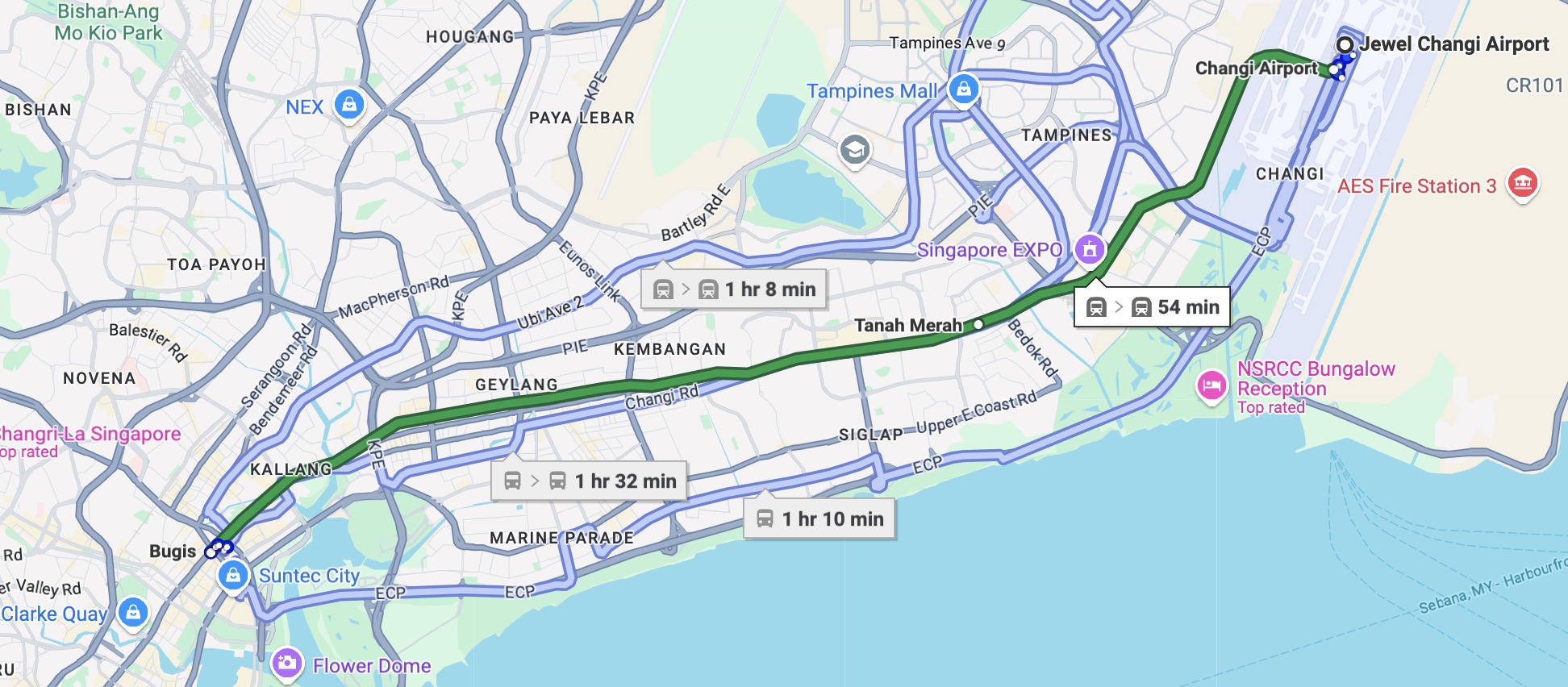 Map showing MRT transit to the Andaz with options for a 1 hour 32 minute bus rude, a 1 hour 8 minute train ride, a 54 minute train ride and a 1 hour and 10 minute bus ride. 