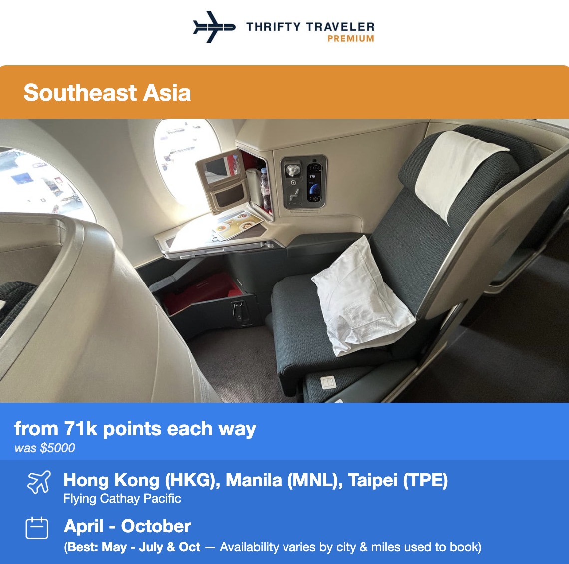 Cathay Pacific flight deal with photo of the seat