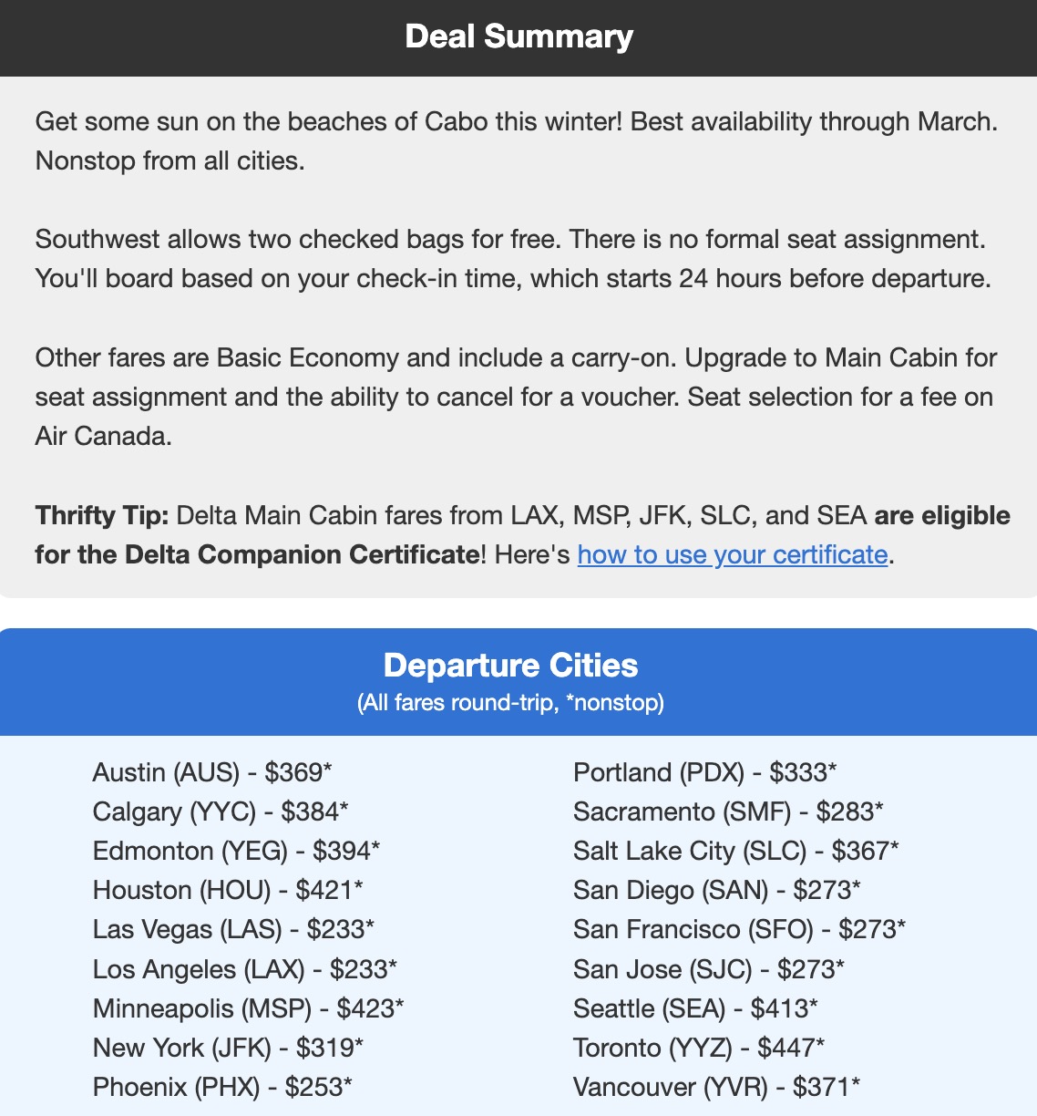 Cabo flight deal summary and departure cities