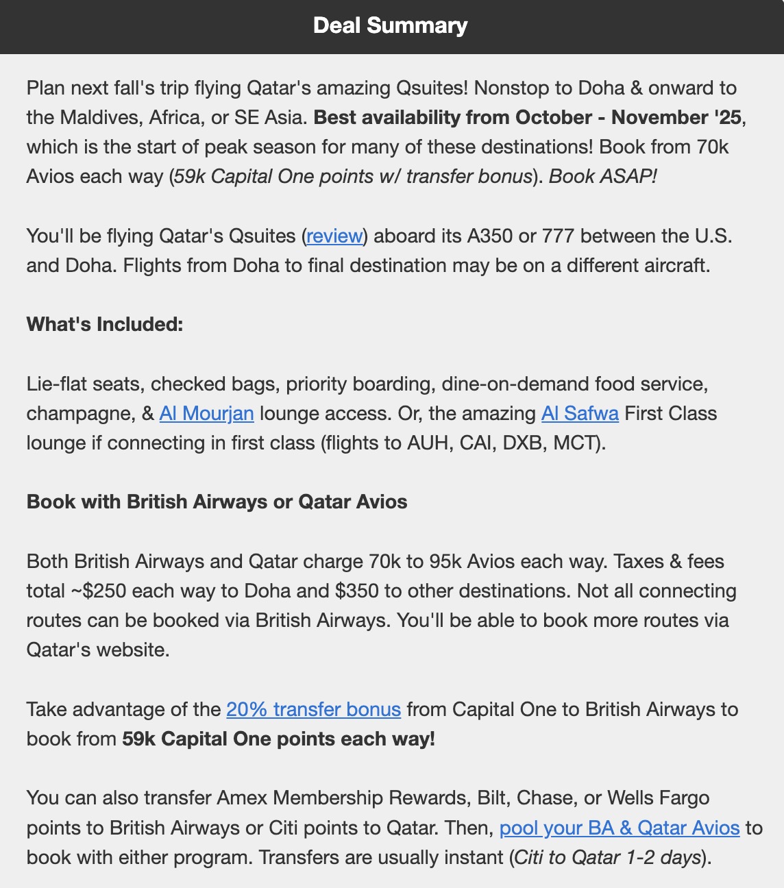 QSuites booking information in a flight deal