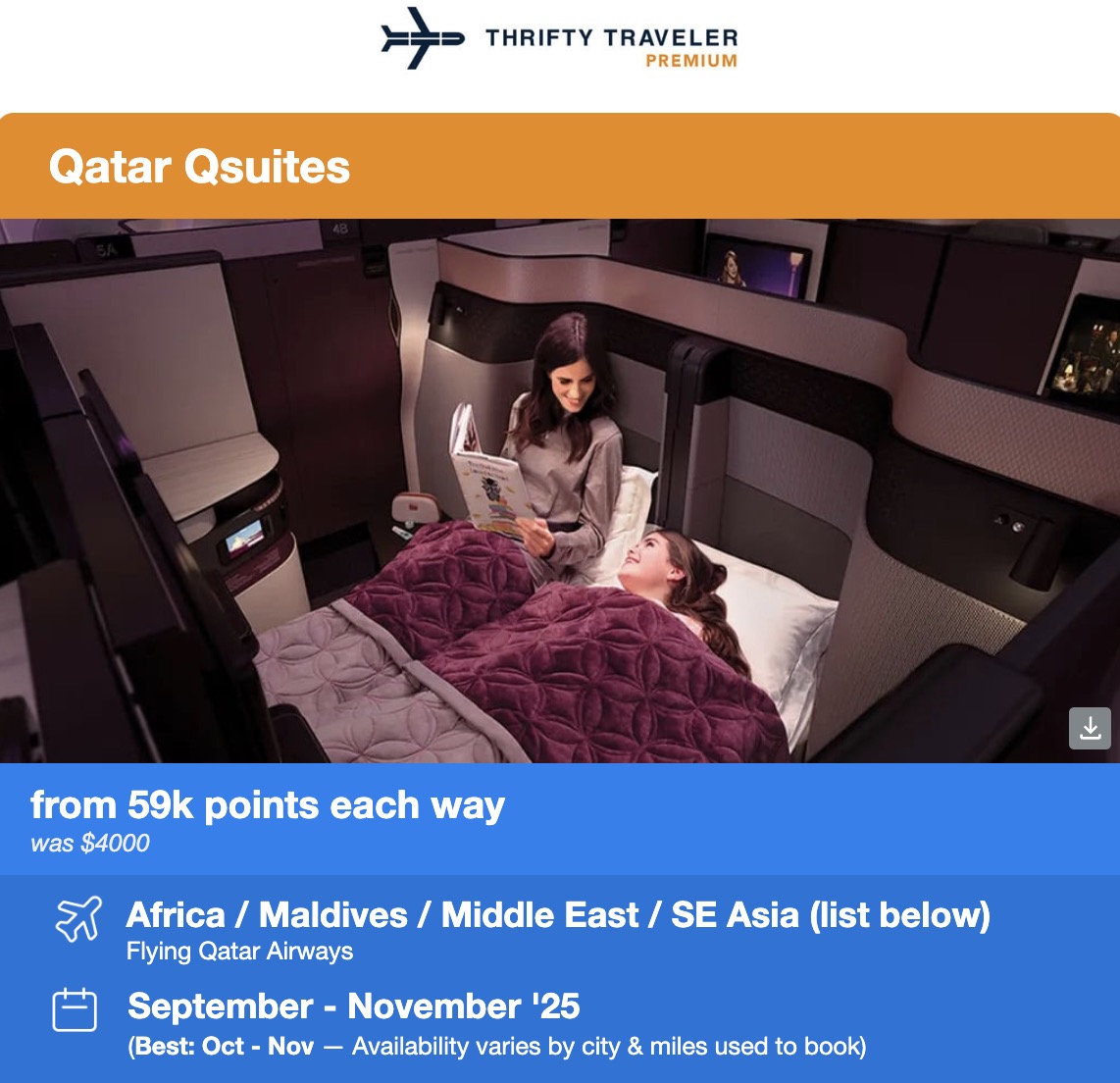 Thrifty Traveler Premium Qatar Qsuites flight deal from 59,000 points each way to Africa, Maldives, Middle East, or Southeast Asia from September through November