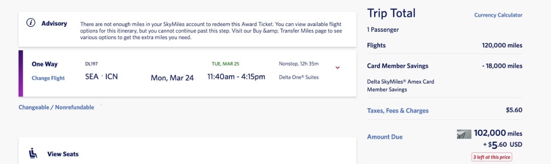 a one-way fight from seattle to seoul on monday, march 24 for 102,000 delta skymiles