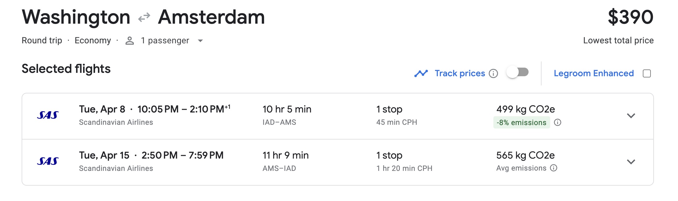 Washington to Amsterdam roundtrip economy flights for one passenger for $390 from Tuesday, April 8 to Tuesday, April 15. 