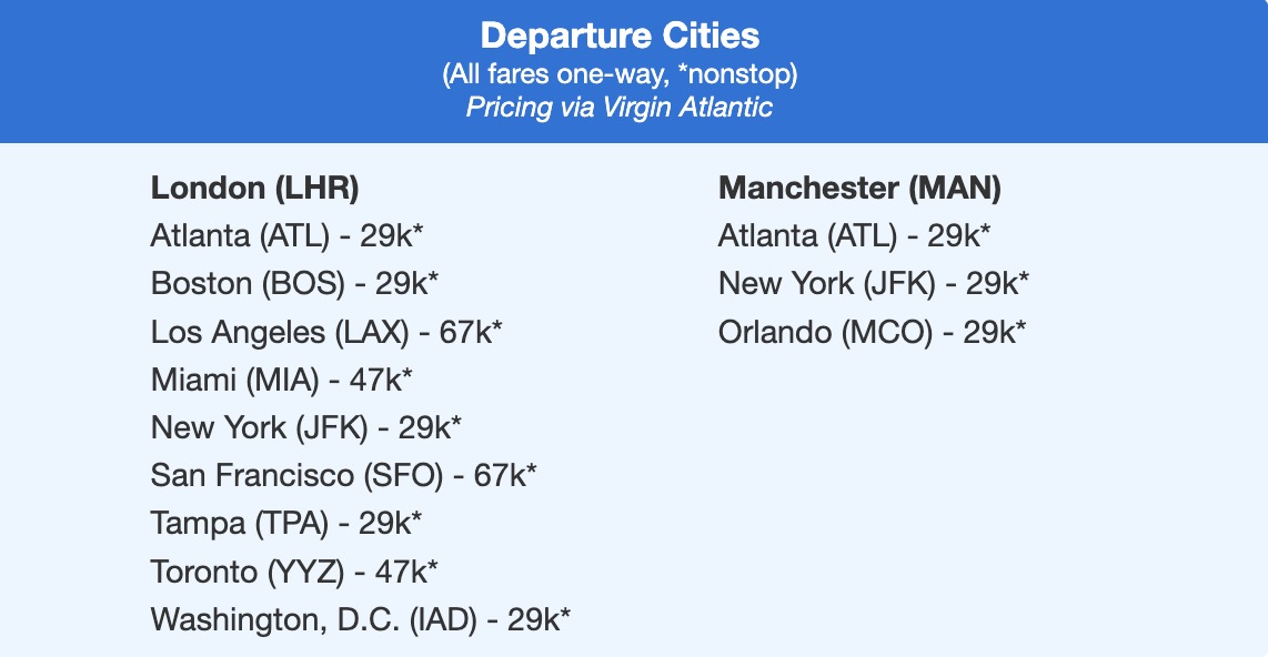 virgin atlantic business class flight deal list of departure cities with one-way pricing via virgin atlantic 