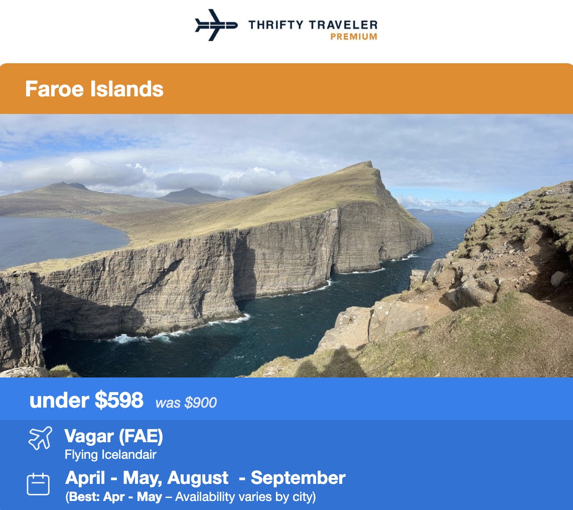 thrifty traveler premium flight deal to the faroe islands for under $598. Vagar from April through May and August through September