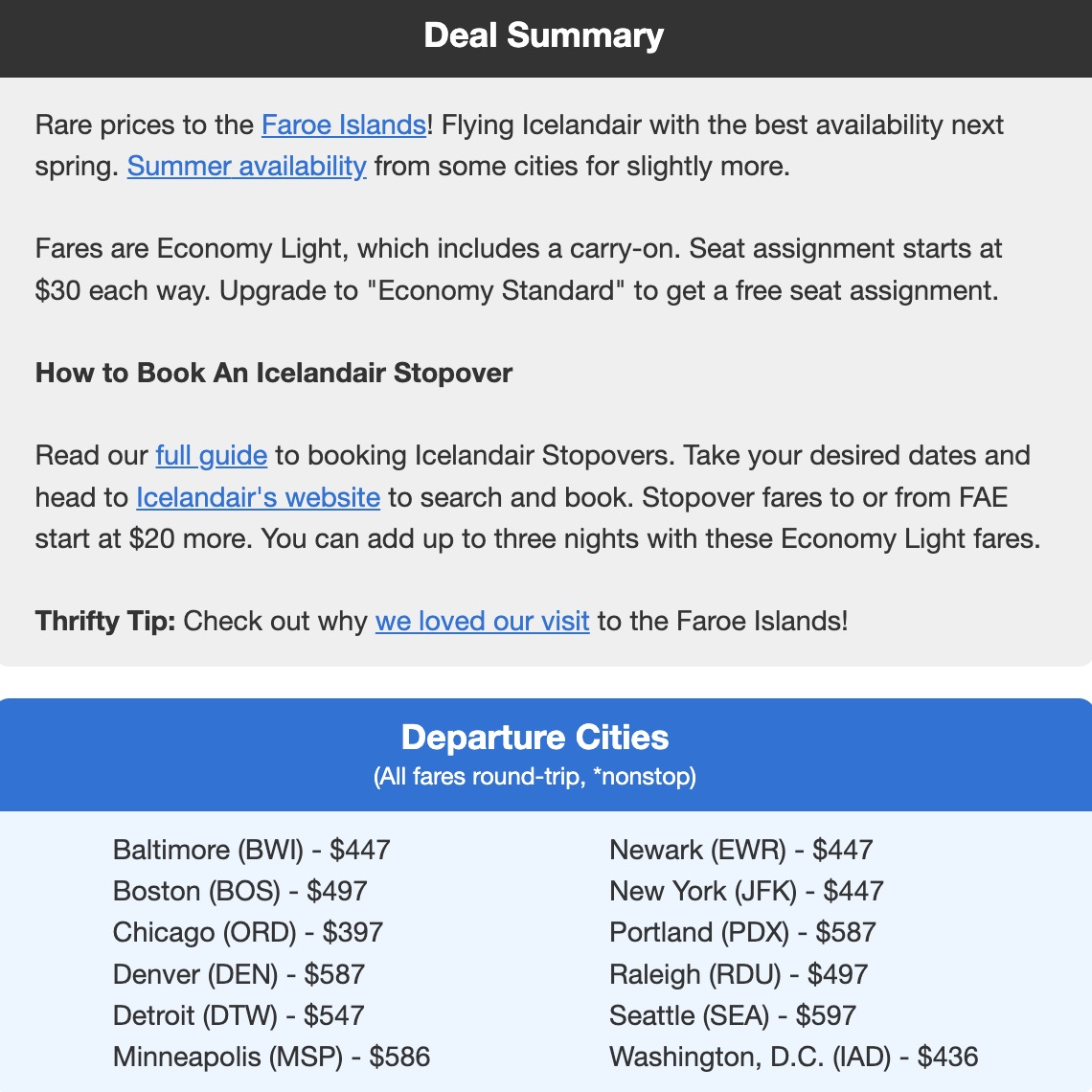 Faroe Islands flight deal information and departure cities with roundtrip airfare pricing
