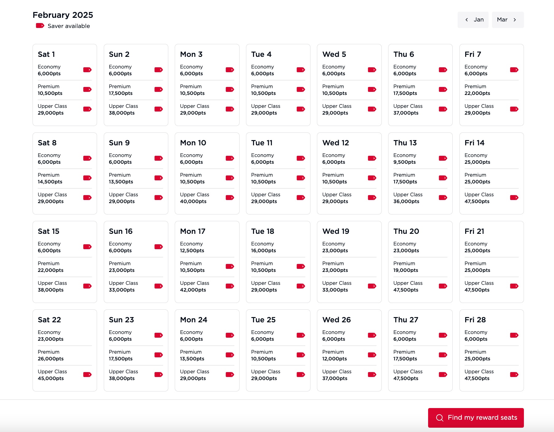 a calendar of dates with award flight pricing for Virgin Atlantic flights