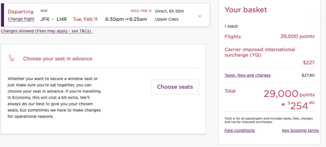 Virgin business class airfare