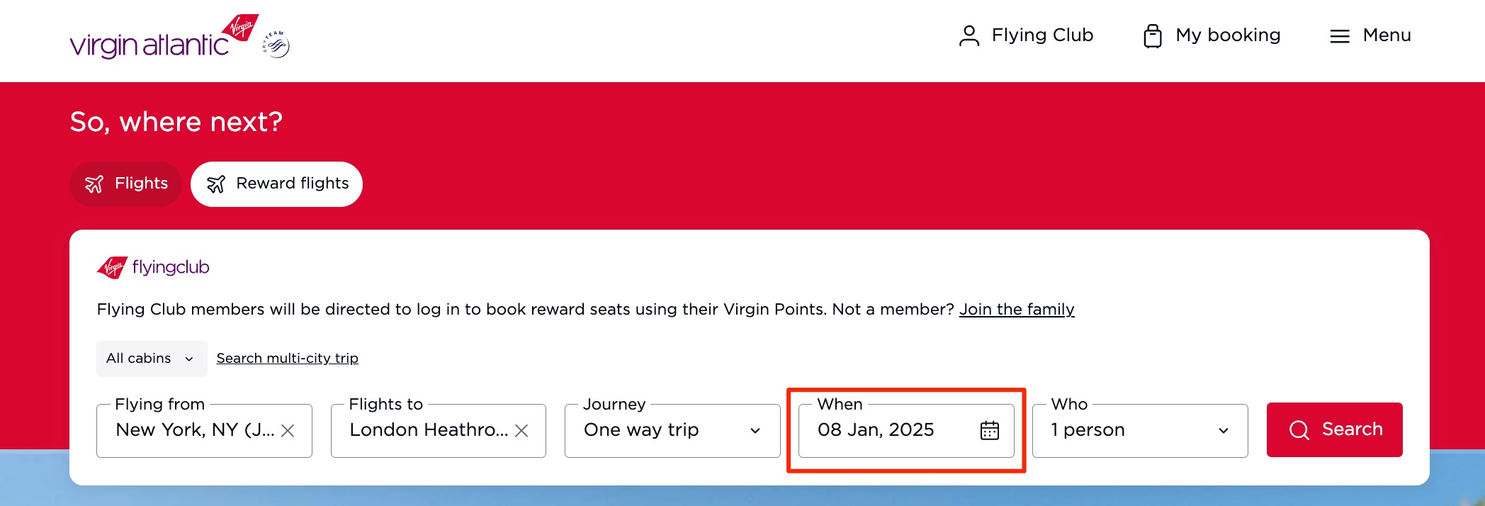 search for award flights through virgin atlantic